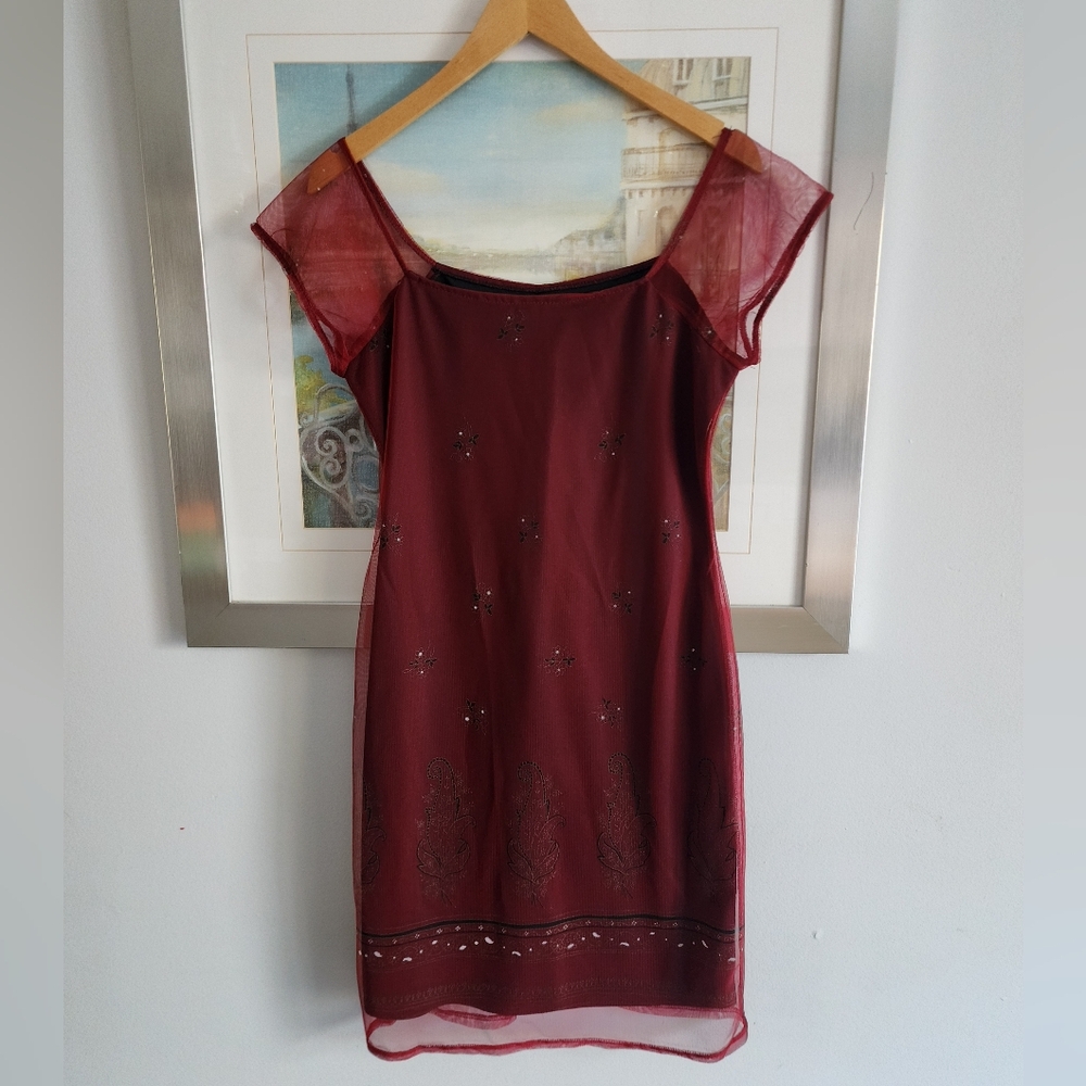 Vintage Burgundy Mini Dress with Sheer Cap Sleeves
